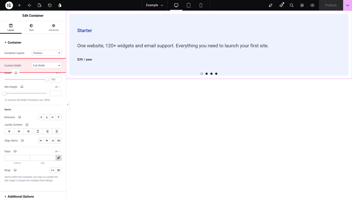 The content width option of an elementor container set to full width