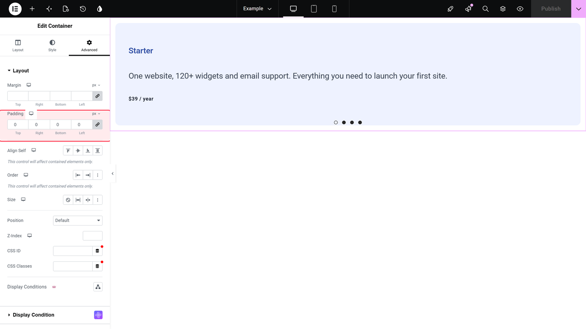 The padding fields of the container in the advanced tab set to 0