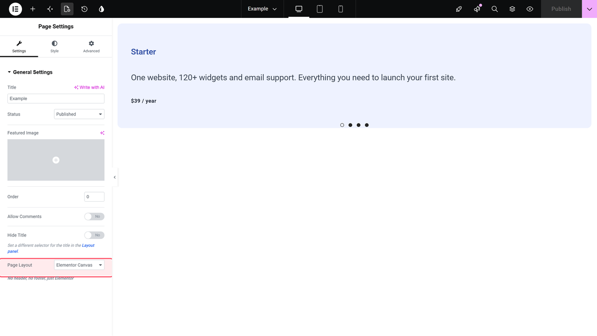 The page layout option in page settings set to elementor canvas