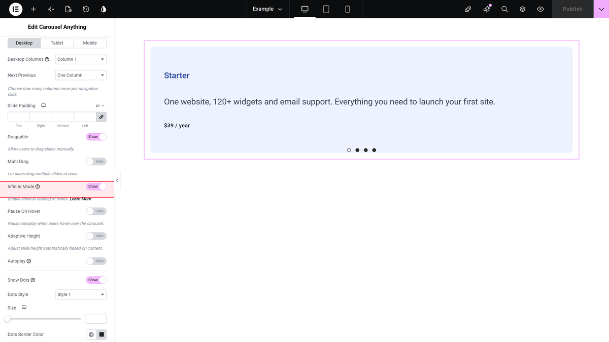 How to create a Carousel Infinite Loop scroll in Elementor Slider? The infinite mode switch in the carousel options section of the carousel anything widget