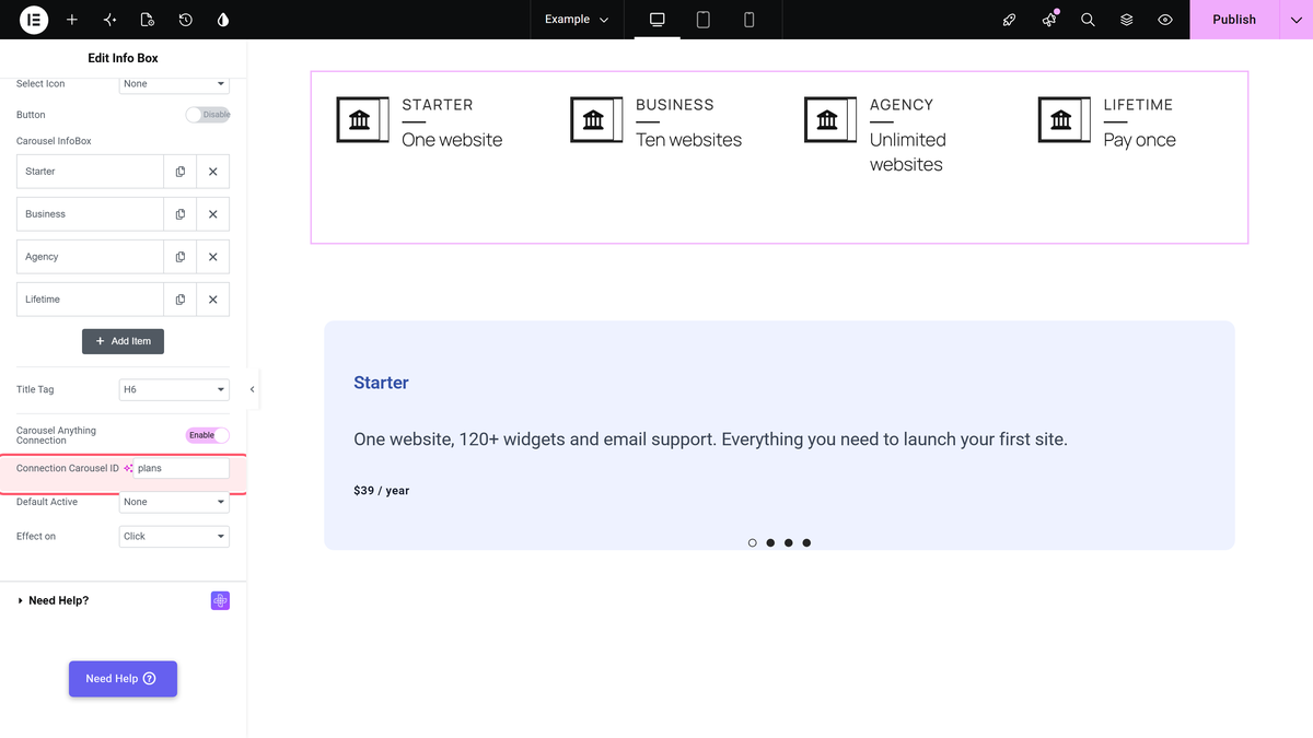 How to connect an Infobox with Carousel in Elementor? The carousel anything connection switch and the connection carousel id, default active and effect on fields of the info box widget