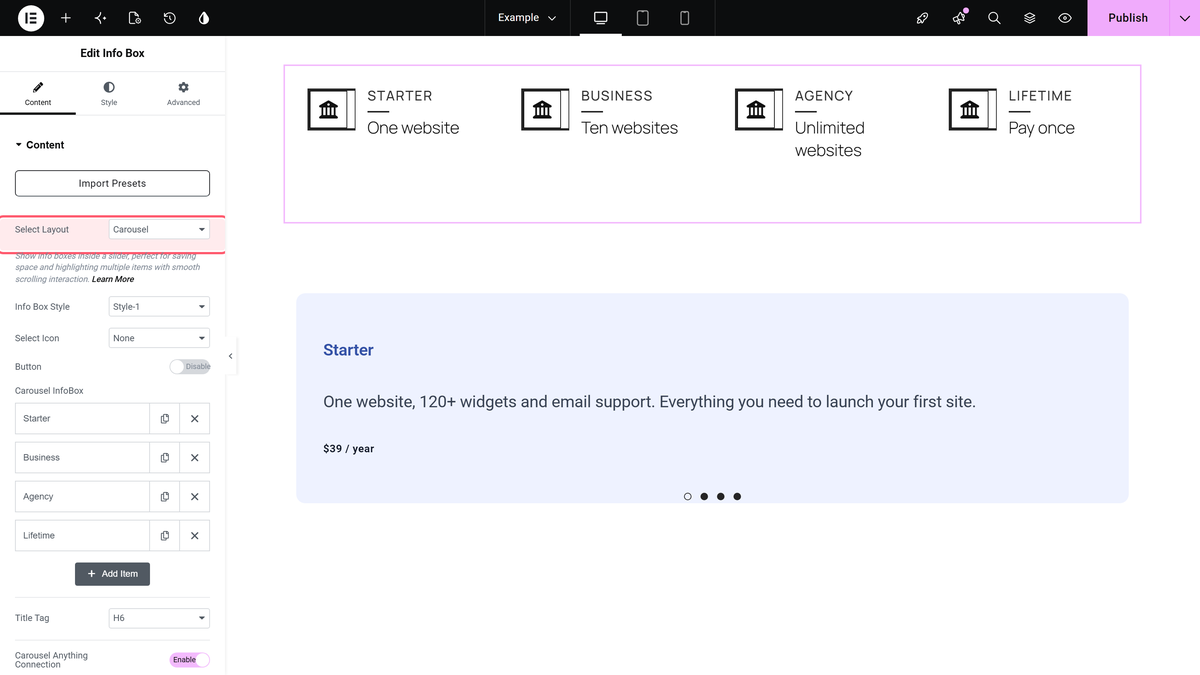 How to connect an Infobox with Carousel in Elementor? The select layout option of the info box widget set to carousel