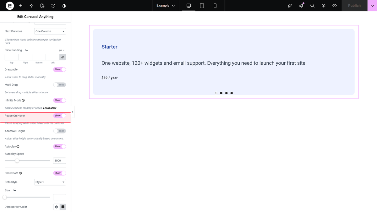 The pause on hover switch in the carousel options section