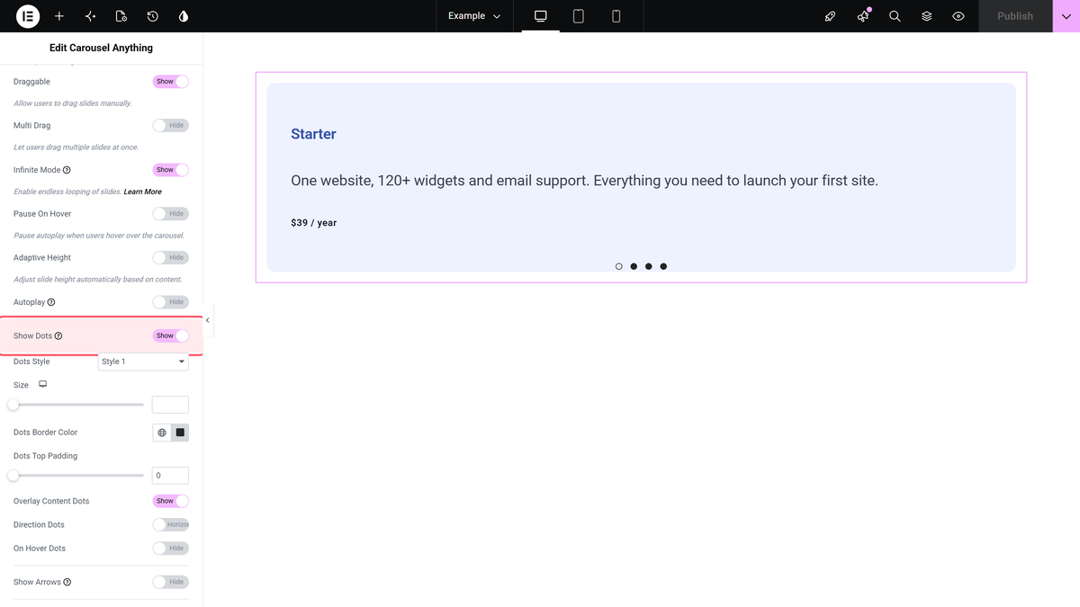 How to show/hide Arrows & Dots in the Elementor Carousel slider? The show dots switch in the carousel options section of the carousel anything widget