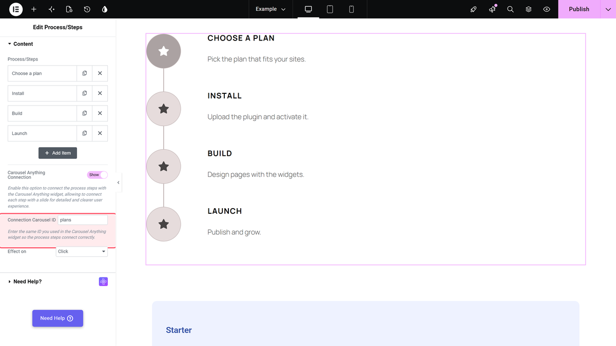 How to connect Process Steps with Carousel Anything Widget in Elementor? The carousel anything connection switch and connection carousel id field of the process/steps widget