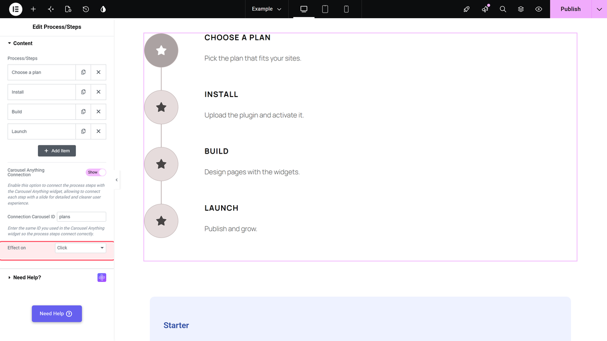 How to connect Process Steps with Carousel Anything Widget in Elementor? The effect on option of the process/steps widget with hover and click