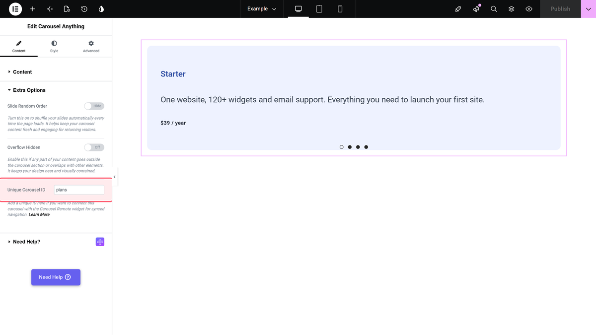 How to connect Process Steps with Carousel Anything Widget in Elementor? The unique carousel id field in the extra options section of the carousel anything widget