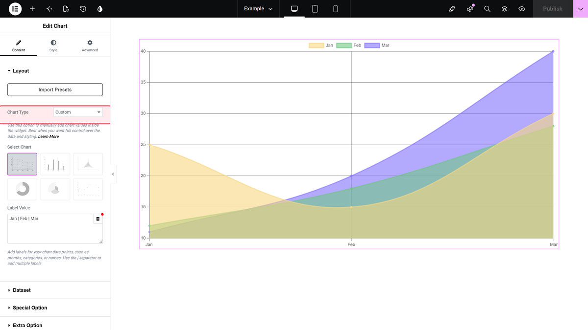 Chart Widget: Settings Overview Chart type control with custom, csv file and google sheet options