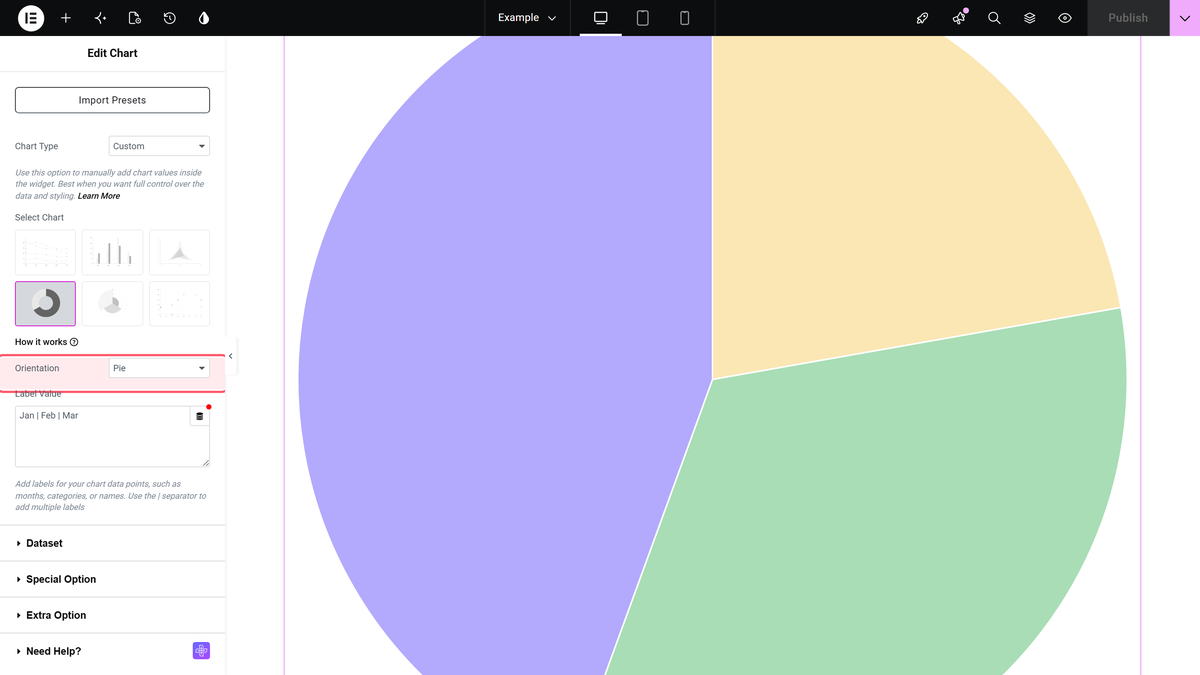 How to Create a Pie Chart in Elementor (Doughnut Chart)? Orientation control set to pie