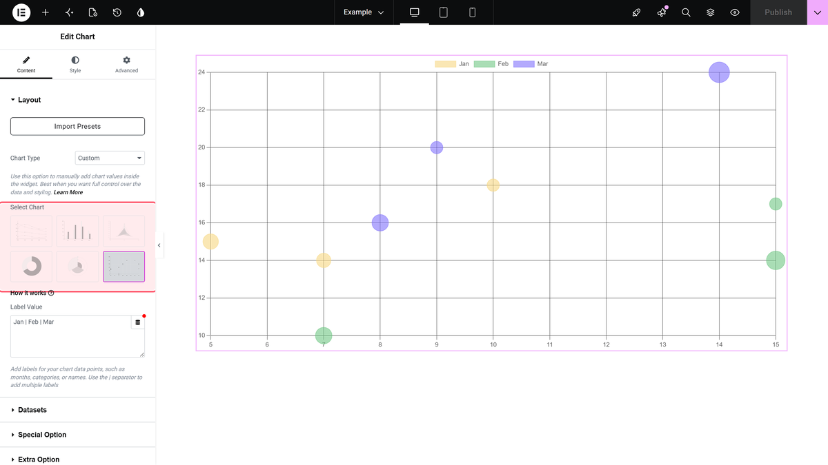 How to Create a Bubble Chart in Elementor? Select chart control set to bubble