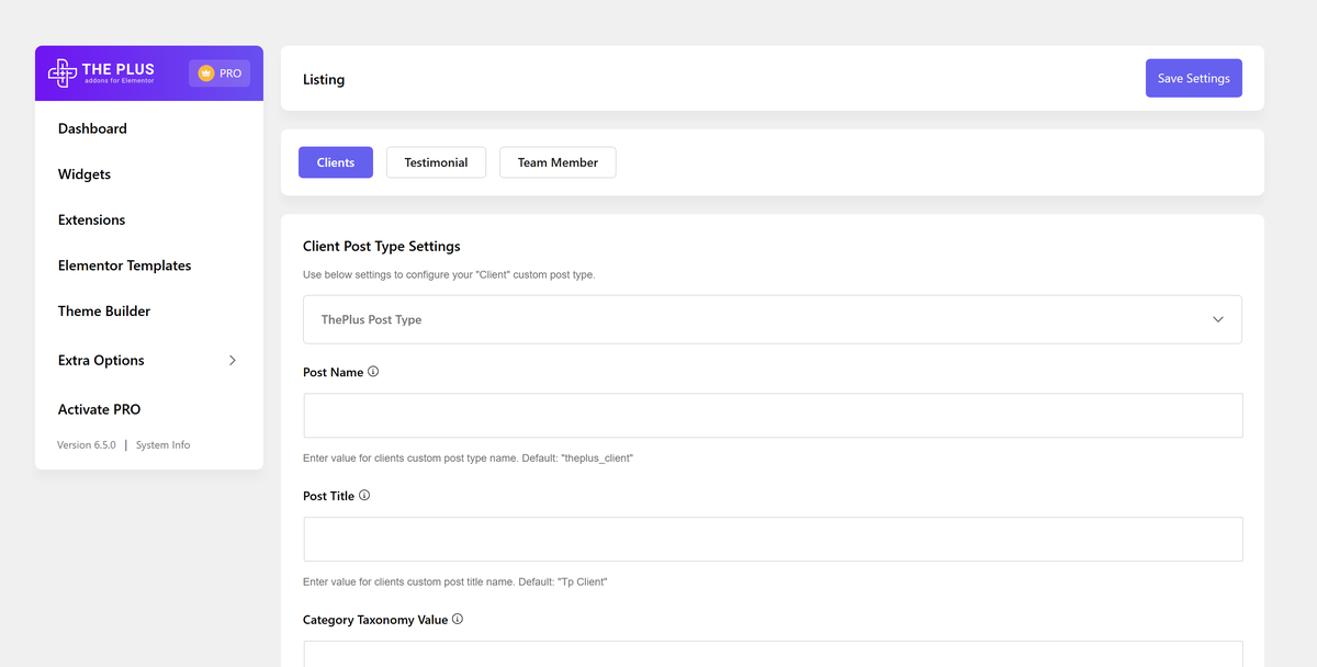 The plus addons listing settings with the clients tab open and client post type settings set to theplus post type