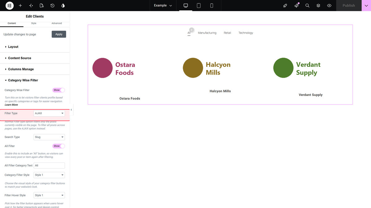 The category wise filter section of the clients widget showing the filter type dropdown set to ajax