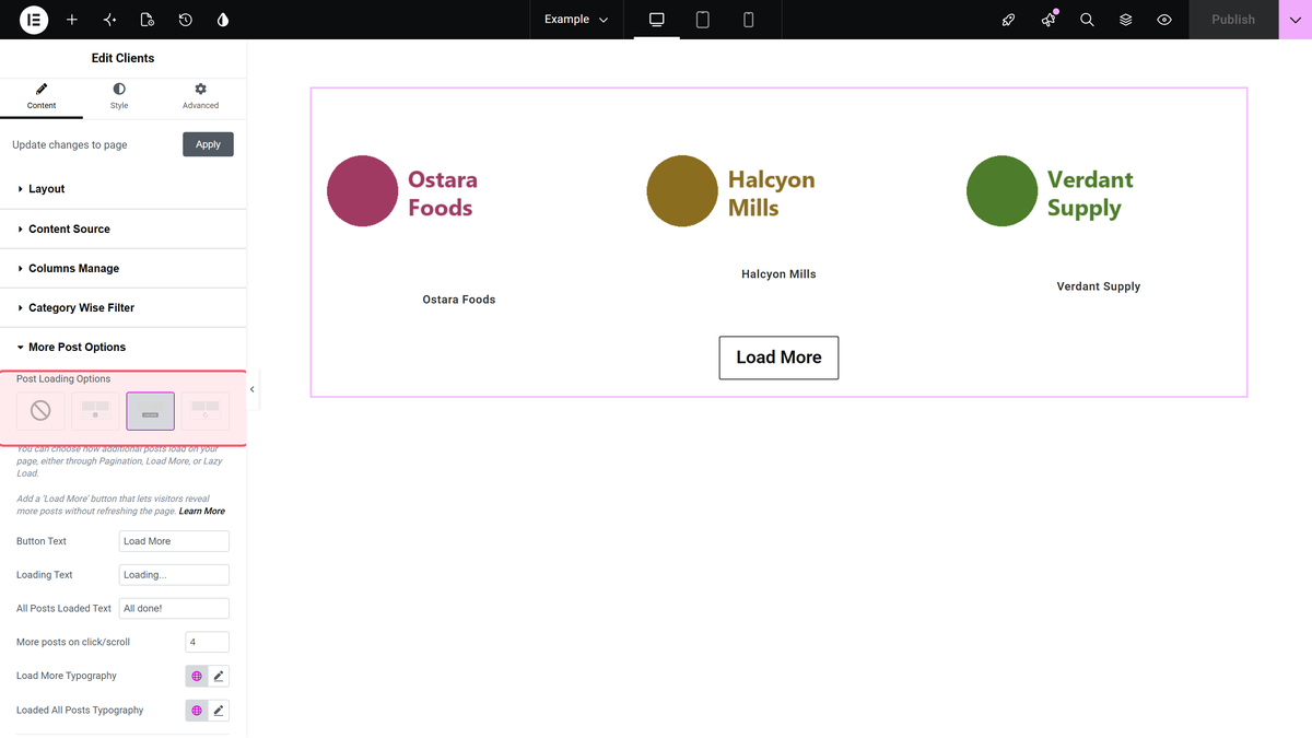 The more post options section with load more selected under post loading options