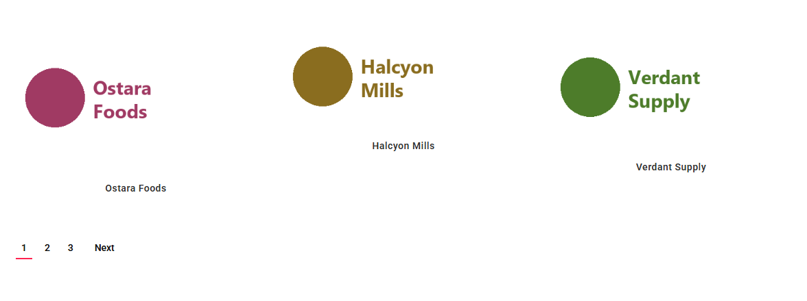 Front end showing three client logos with the page links 1, 2, 3 and next below them