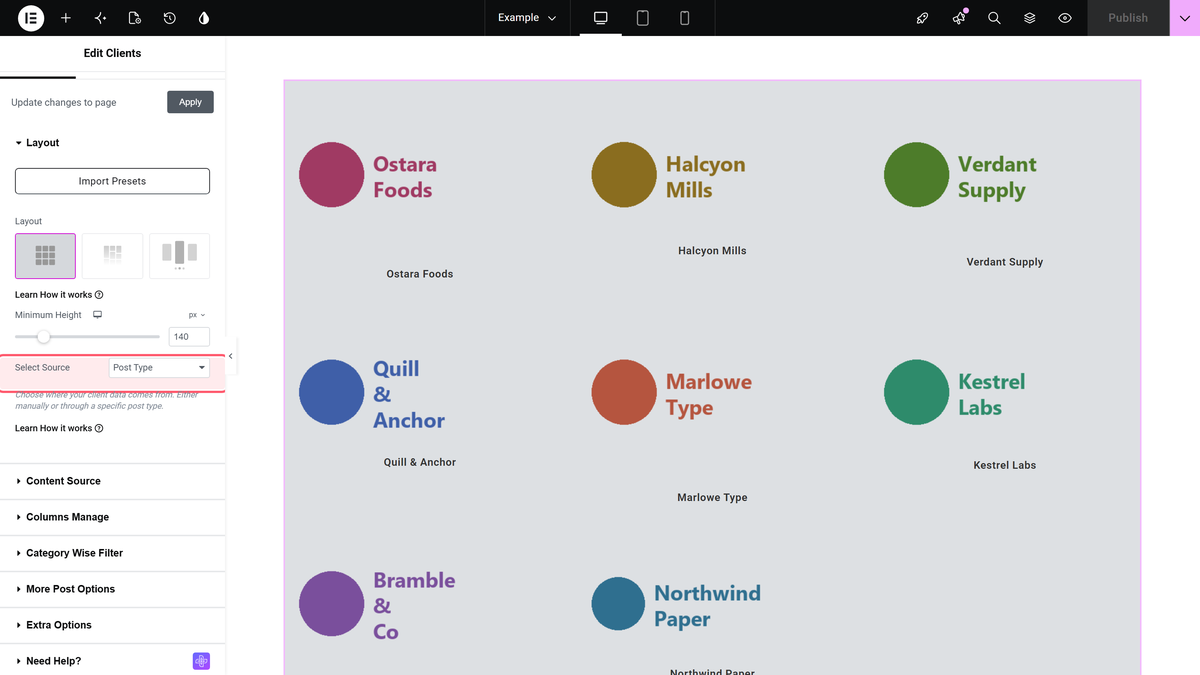 The clients widget panel with select source set to post type