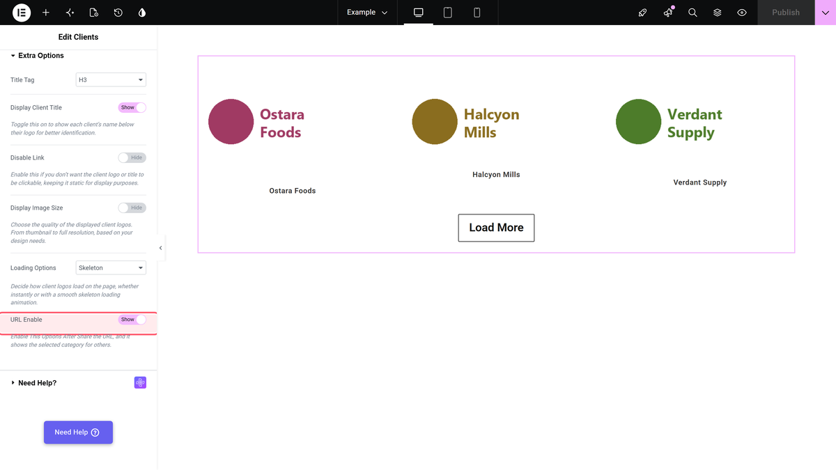 The extra options section of the clients widget with the url enable switch turned on