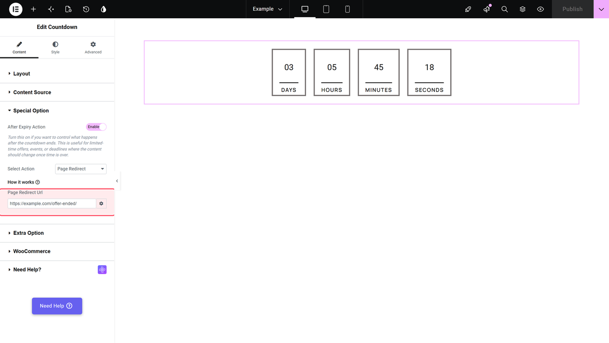 How to Redirect to Different Page After Elementor Countdown Ends? Select action set to page redirect, with the page redirect url field.