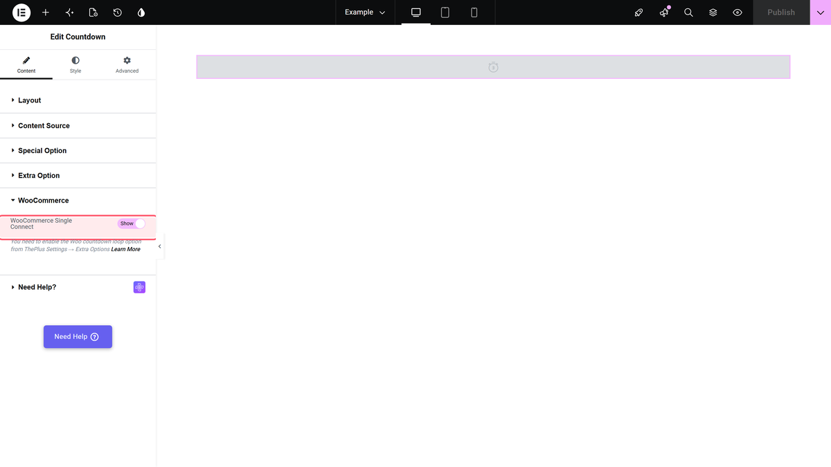 The woocommerce single connect switch in the countdown widget.