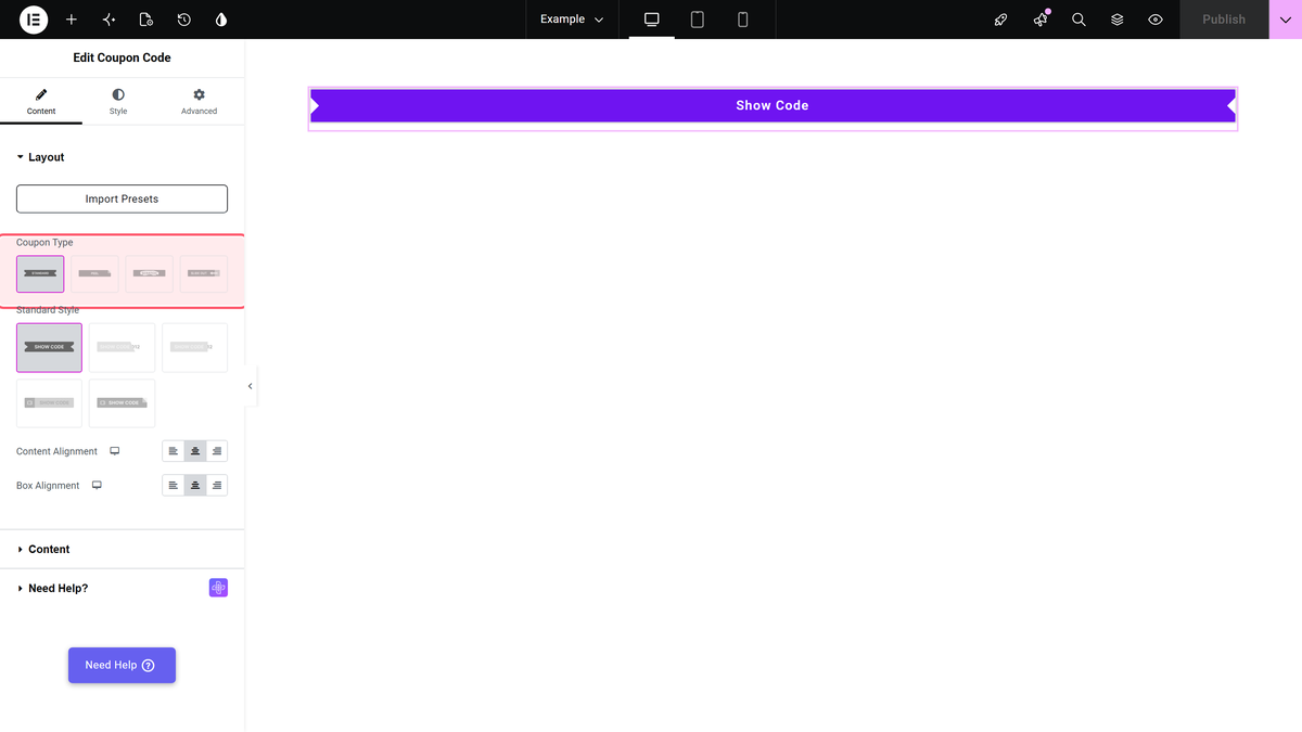 Coupon Code Widget: Settings Overview The coupon type picker in content > layout, with standard selected.