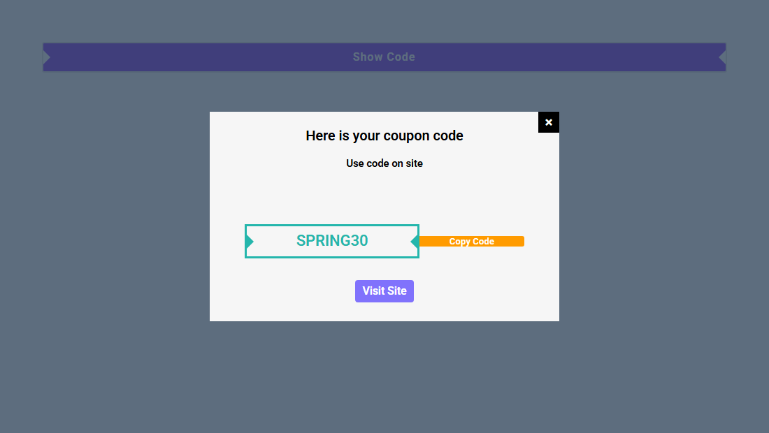 Coupon Code Widget: Settings Overview The discount popup: title, description, code, copy code and visit site.