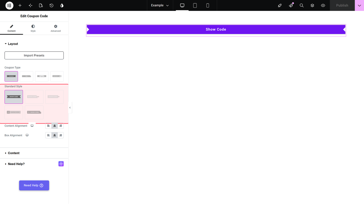 Coupon Code Widget: Settings Overview The standard style picker, the five standard presets.