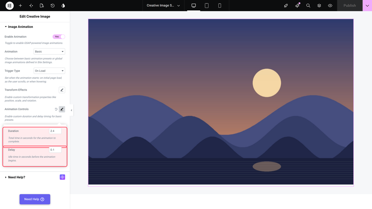 How to Add Image Animation in the Creative Image Widget? The animation controls popover with duration and delay