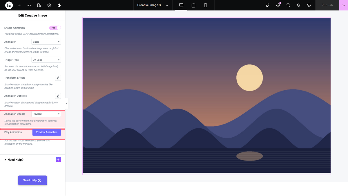 How to Add Image Animation in the Creative Image Widget? The animation effects dropdown and the preview animation button