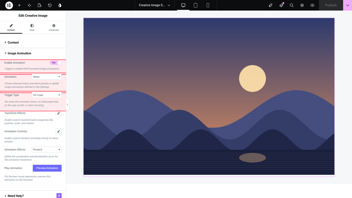 Creative Image Widget: Settings Overview Enable animation, animation and trigger type in the image animation section