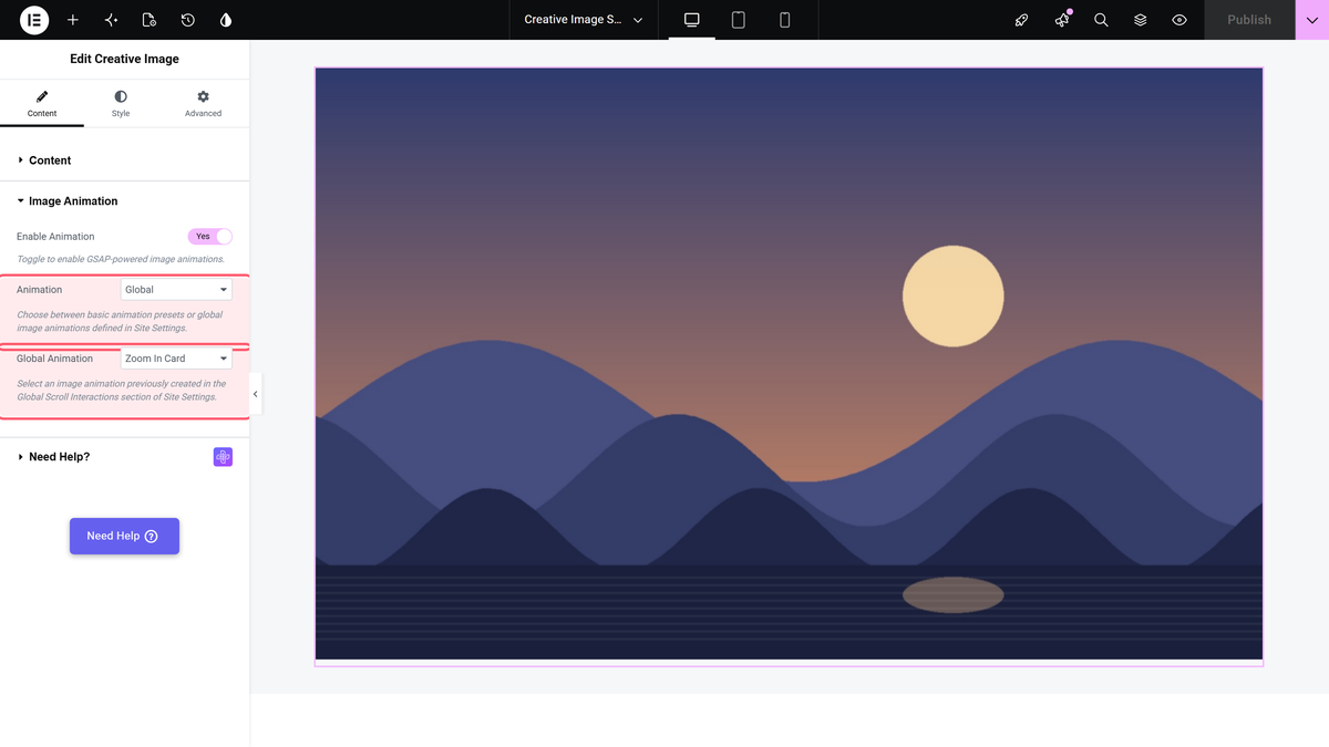 How to Add Image Animation in the Creative Image Widget? The animation dropdown set to global with a saved animation selected
