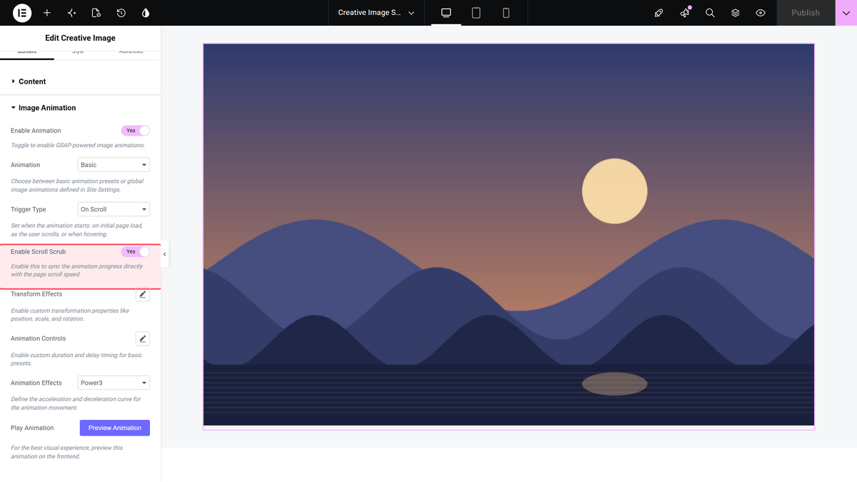 How to Add Image Animation in the Creative Image Widget? The enable scroll scrub switch, shown when trigger type is on scroll