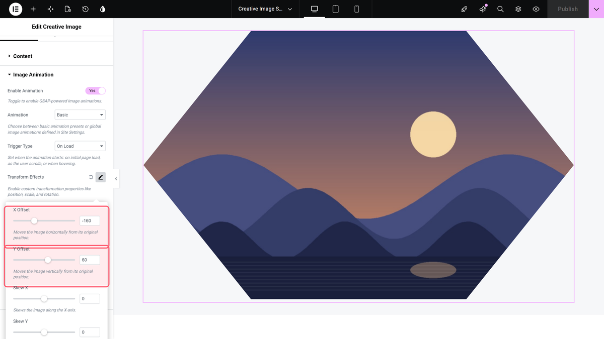 How to Add Image Animation in the Creative Image Widget? The transform effects popover with x offset, y offset, scale and clip path