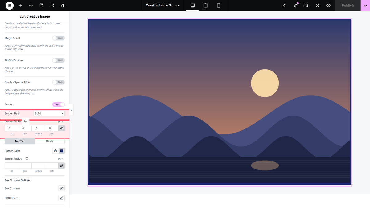 Creative Image Widget: Settings Overview Border style and border width with the normal and hover tabs below