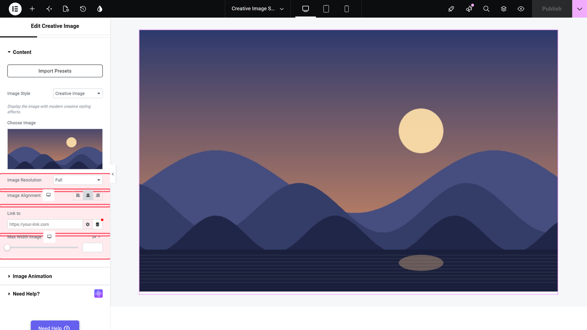 Creative Image Widget: Settings Overview Image resolution, image alignment, link to and max width image