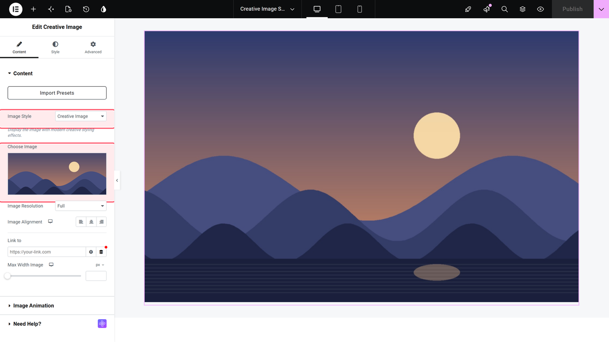 Creative Image Widget: Settings Overview Image style and choose image in the creative image content section