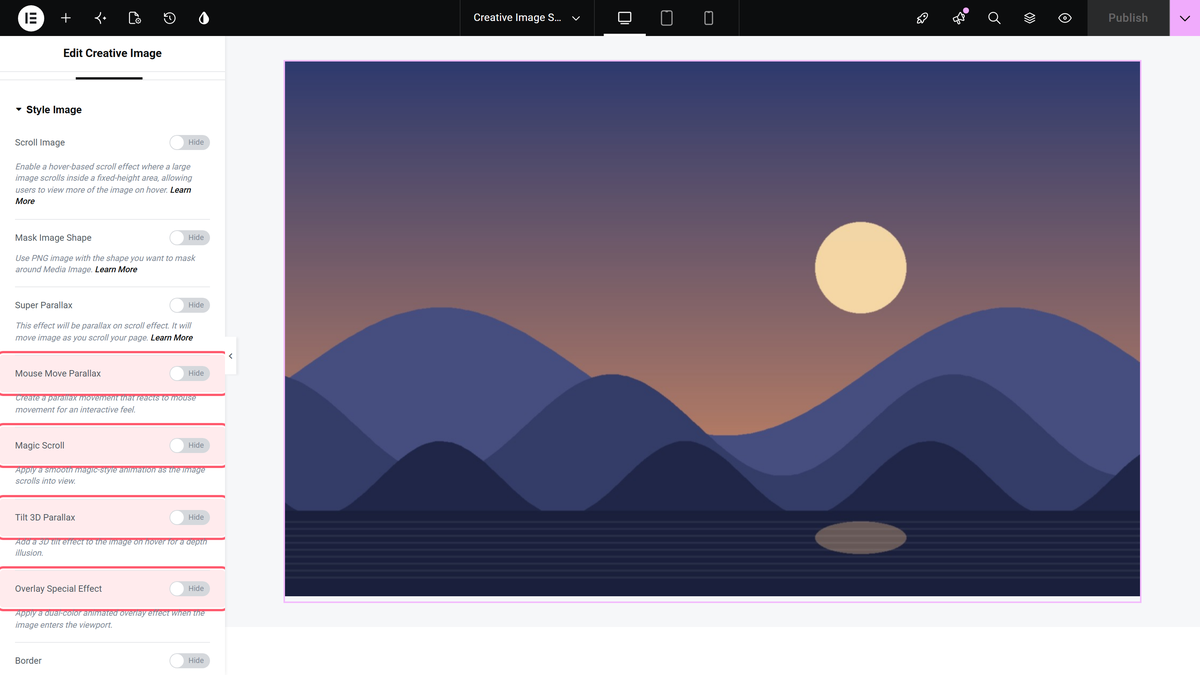 Creative Image Widget: Settings Overview The mouse move parallax, magic scroll, tilt 3d parallax and overlay special effect switches