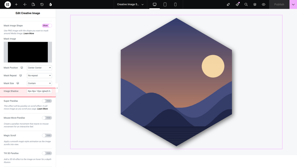How to Mask an Image in Elementor? (Custom Image Mask) The image shadow field holding a css shadow value