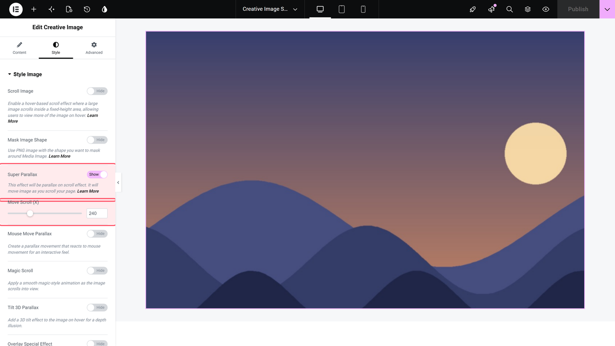 How To Add Scroll, Parallax, And Mask Effects To Images In Elementor (No Code) Super parallax toggle and move scroll (x) field in the creative images widget style tab