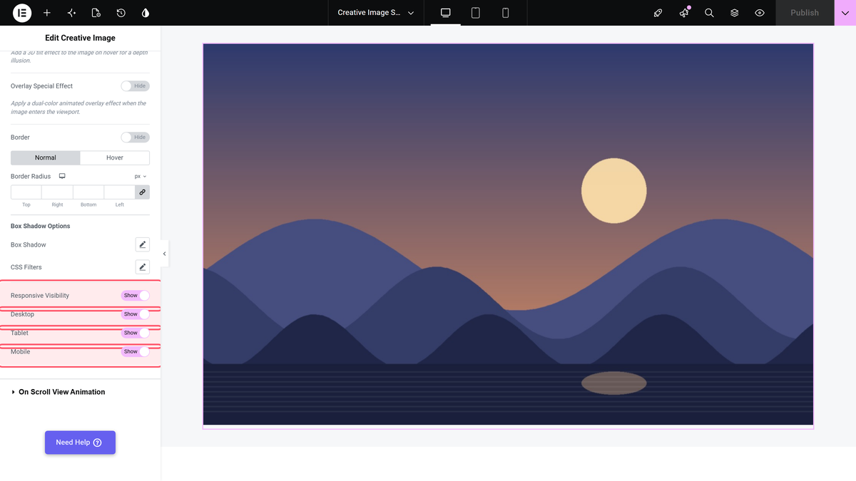 Creative Image Widget: Settings Overview The responsive visibility switch with the desktop, tablet and mobile toggles