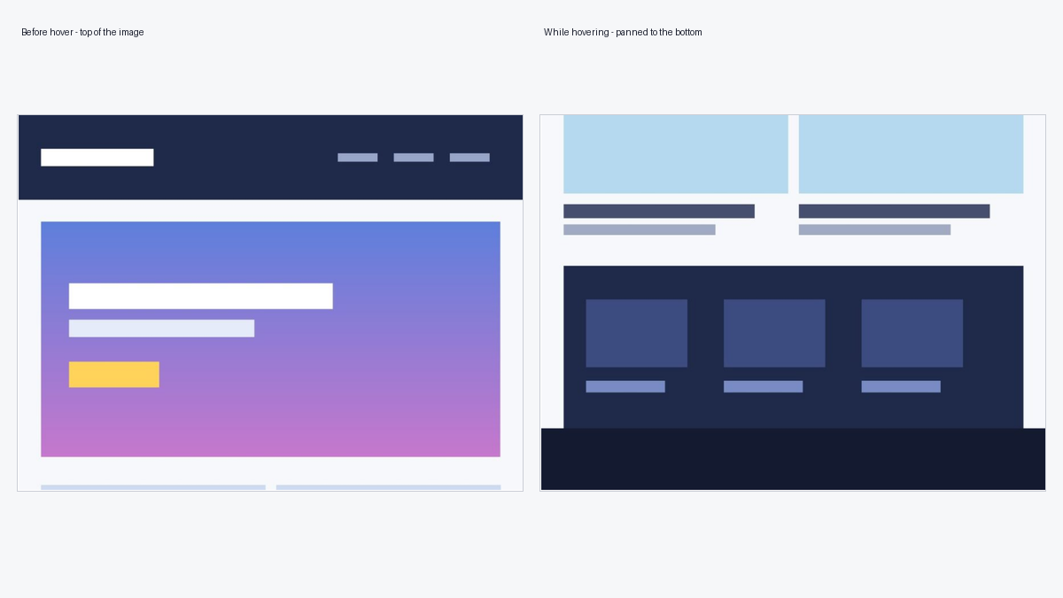 How to Add a Scroll on Hover to an Image in Elementor? The same frame before hover showing the top of the page, and during hover showing the bottom