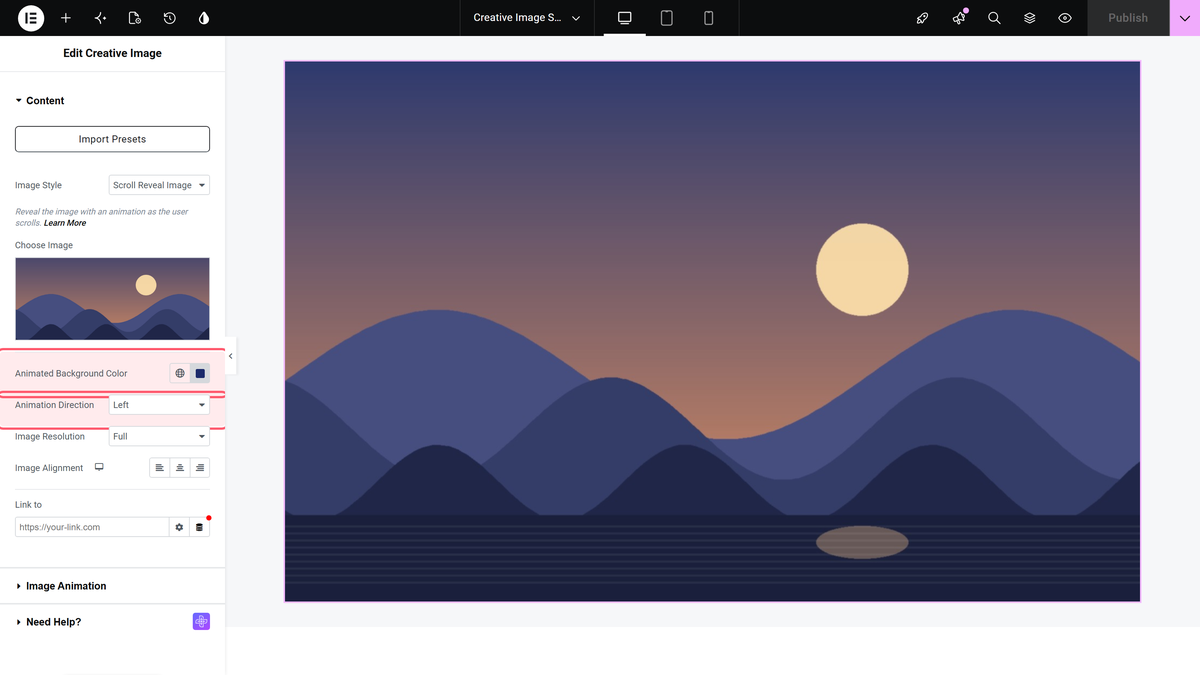 Animated background color and animation direction in the content section