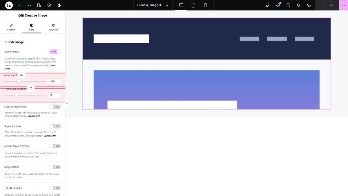 How to Add a Scroll on Hover to an Image in Elementor? The min height and transition duration sliders under the scroll image switch