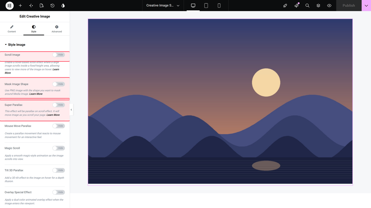 Creative Image Widget: Settings Overview The scroll image, mask image shape and super parallax switches
