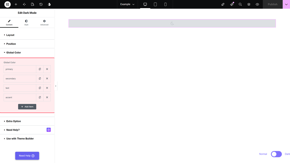 How to Set the Global Colors in Dark Mode? The global color section with its four rows, shown when type is set to global color.