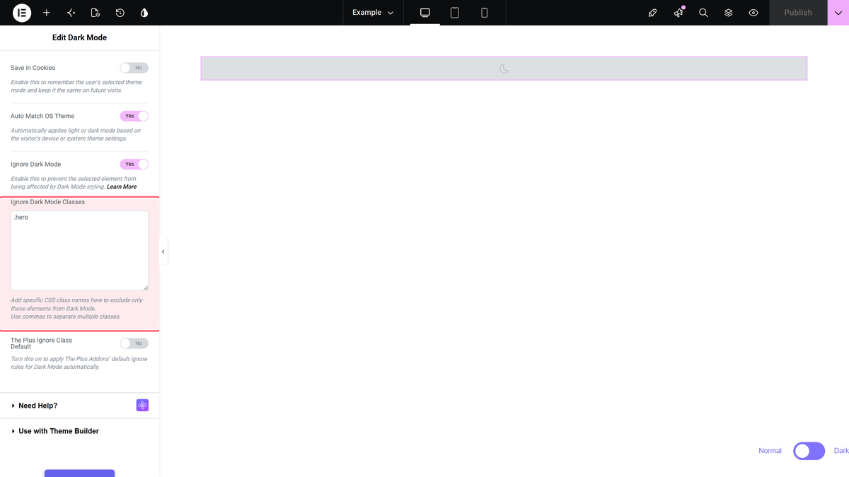 Extra option, with the ignore dark mode classes field highlighted.