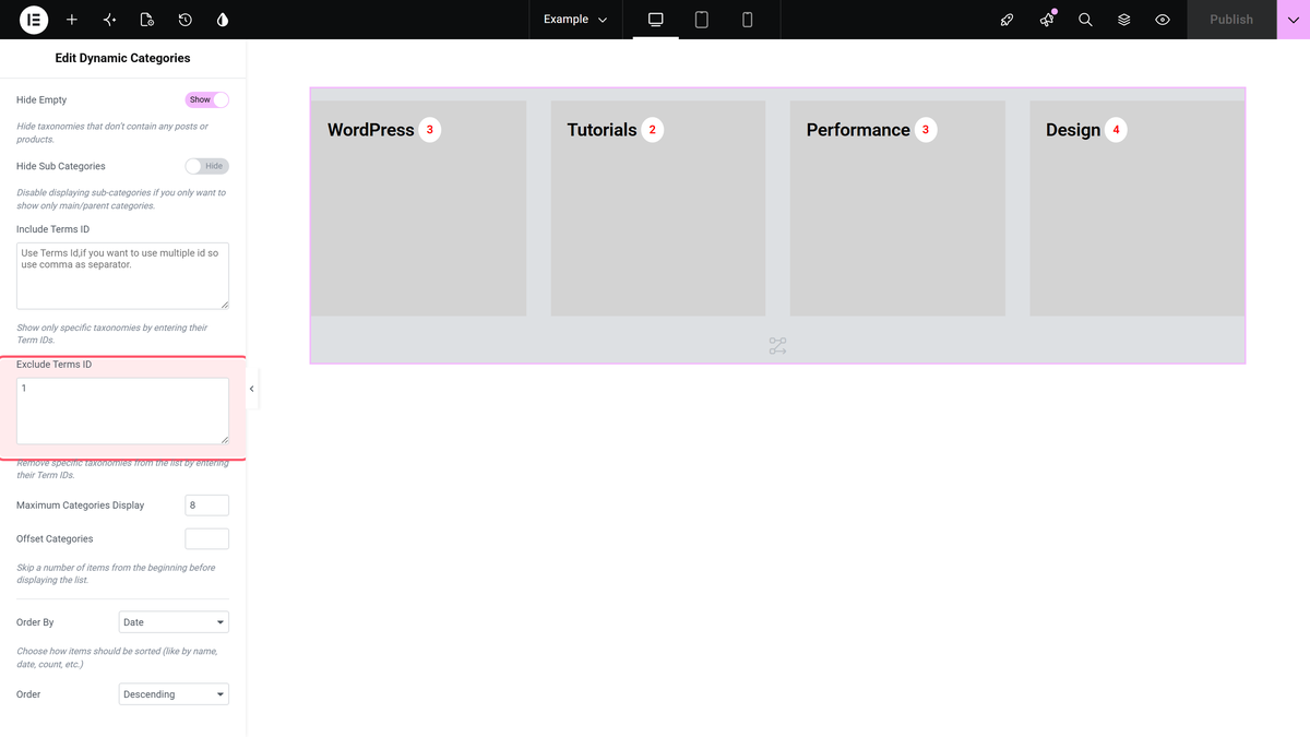 How to Exclude Category by ID from Category List in Elementor? Exclude terms id field with comma-separated ids