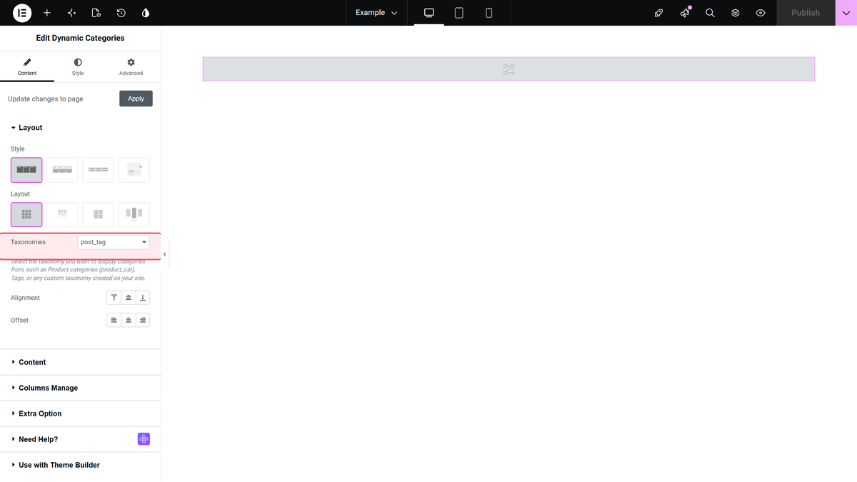 How to Create a Custom Taxonomy List in Elementor? Taxonomies dropdown showing a non-category taxonomy option