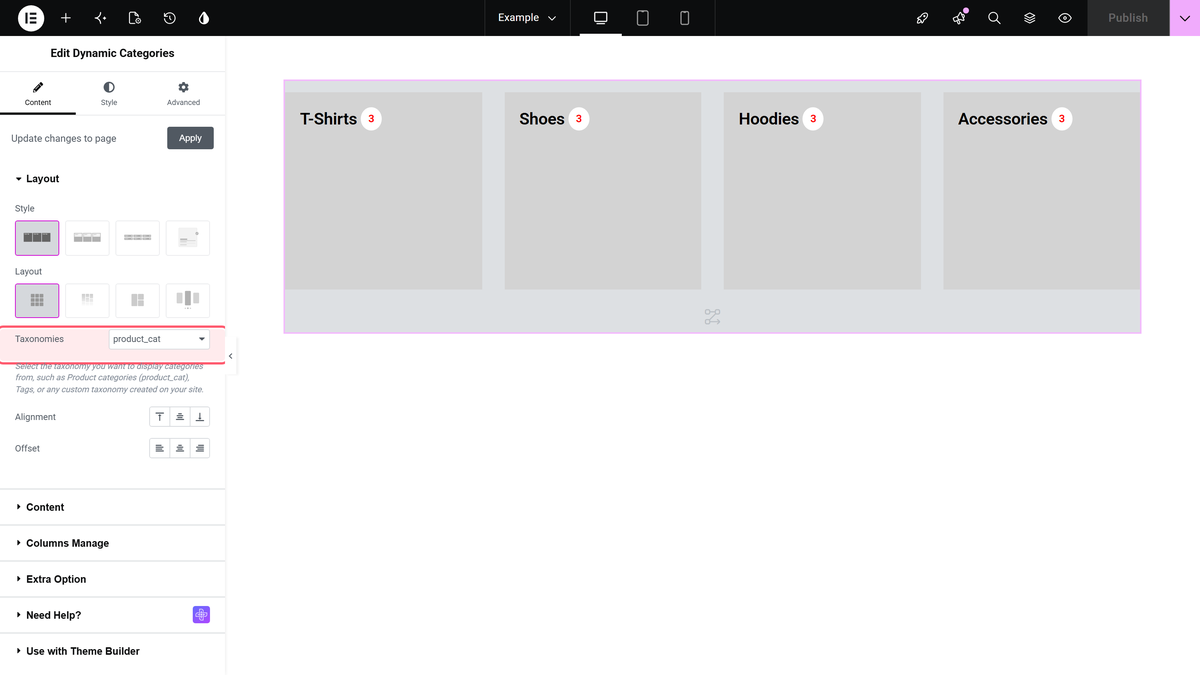 How to Create a WooCommerce Product Category List in Elementor? Taxonomies dropdown set to product cat