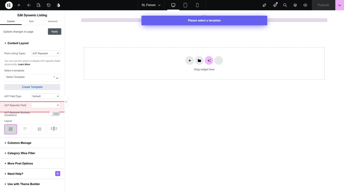 Acf repeater field name entered, with boolean conditions on