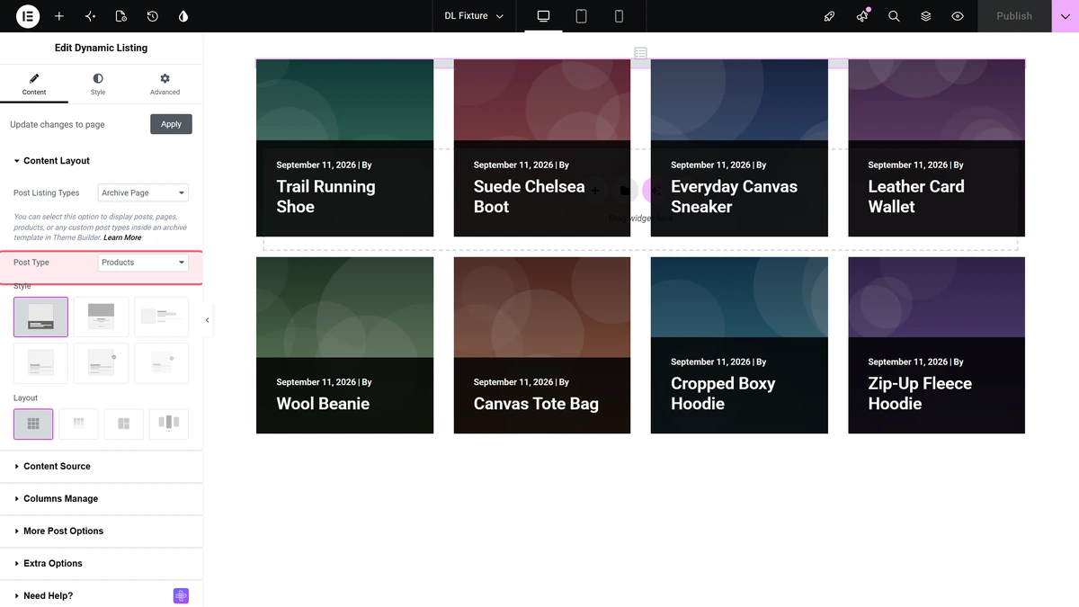 The archive template rendering the current post type's archive