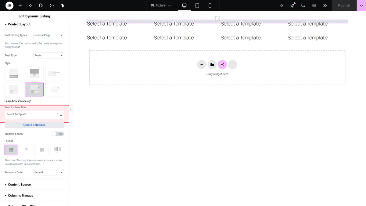 How to Create Custom Loop Skin for Blog Post in Elementor? Select a template control with a card template chosen